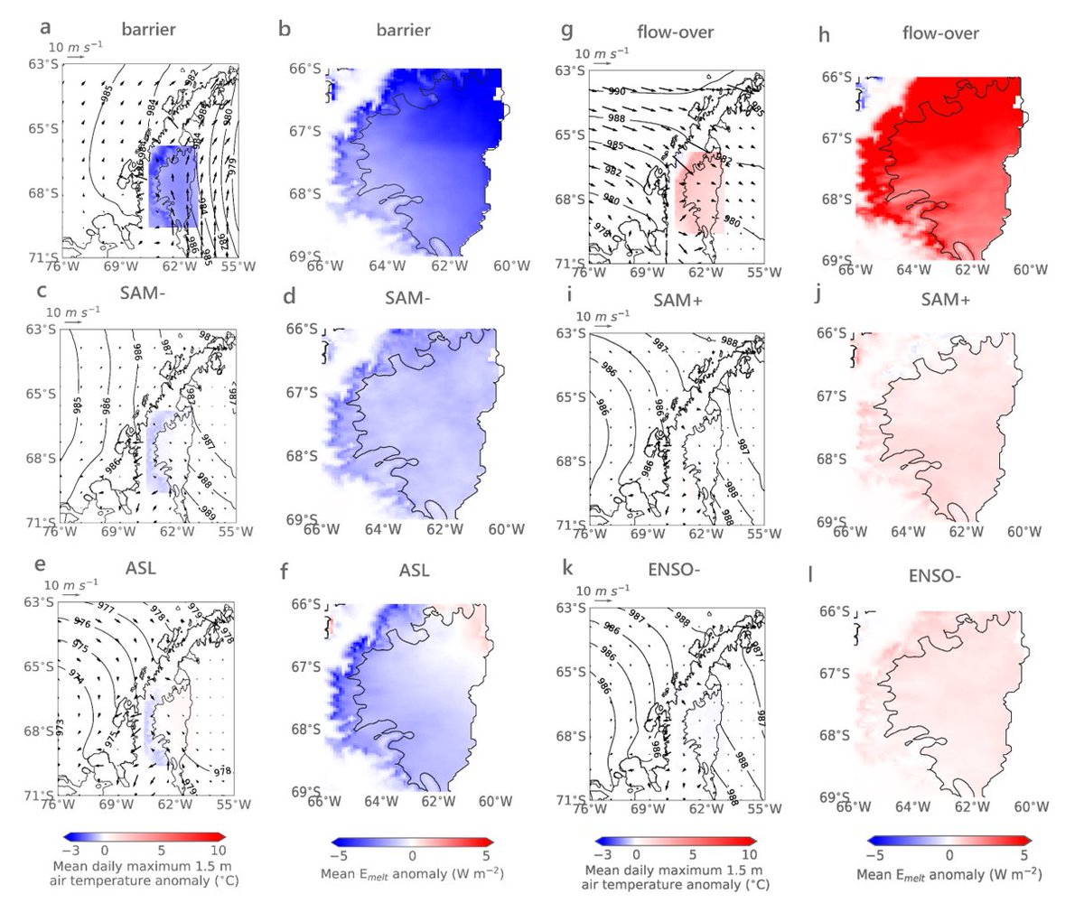 10/ Positive SAM is the most important circulation pattern for promoting melt, but  #ElNiño   also plays a role.  #Barrier winds, negative SAM and  #LaNiña suppress melt.
