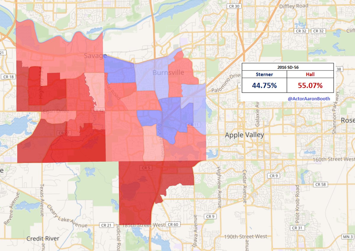 2.  #SD56Incumbent Dan Hall is a pretty conservative member in a 2016 Clinton district who's district has shifted pretty quickly underneath him. If the DFL is going to flip the chamber, this is probably going to be their 2nd seat netted to do so.