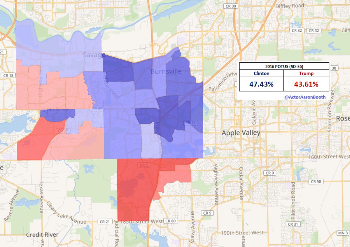 2.  #SD56Incumbent Dan Hall is a pretty conservative member in a 2016 Clinton district who's district has shifted pretty quickly underneath him. If the DFL is going to flip the chamber, this is probably going to be their 2nd seat netted to do so.