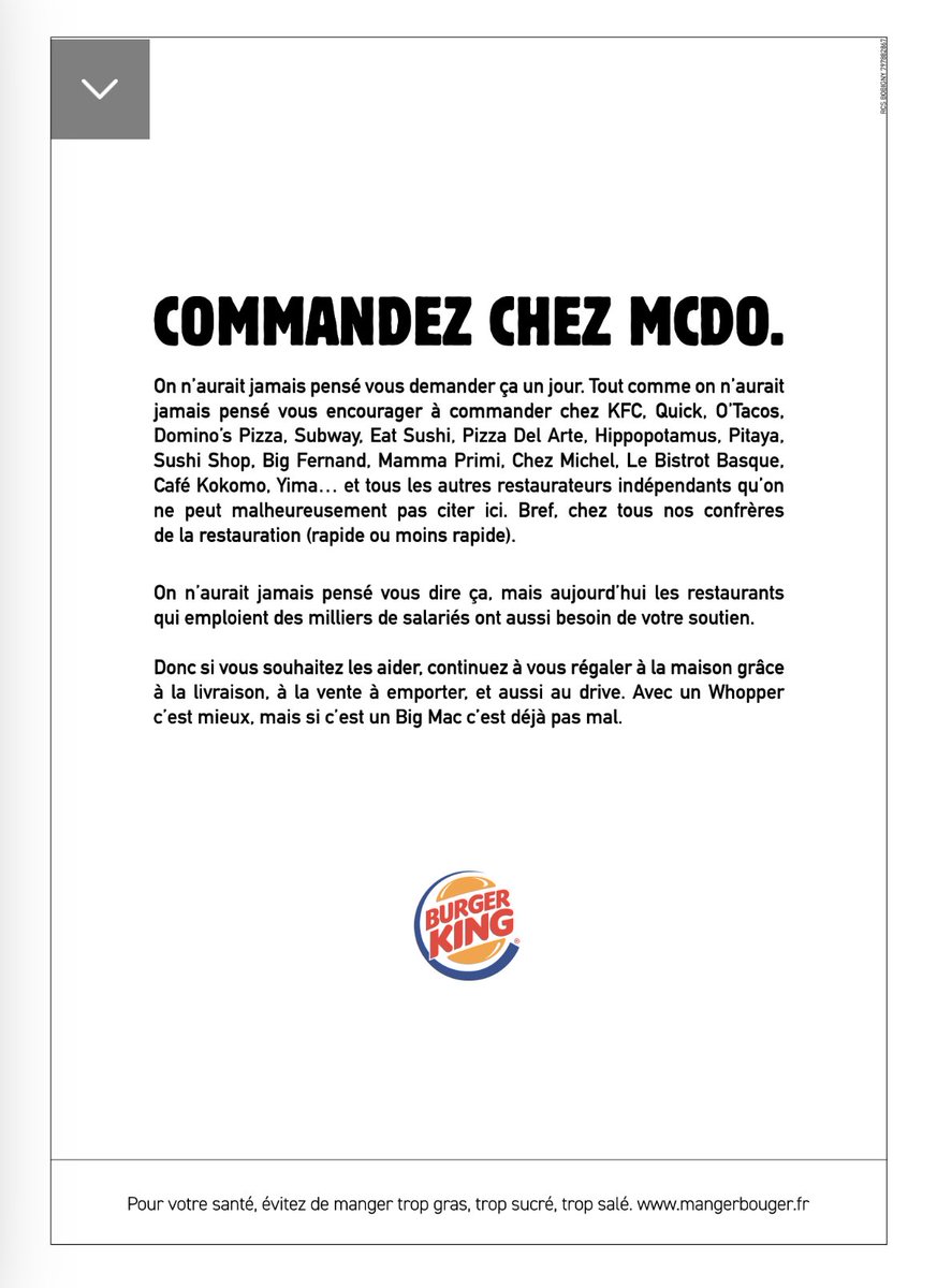 🇫🇷 "Si vous souhaitez aider" les #restaurateurs, "continuez à vous régaler à la maison grâce à la livraison, à la vente à emporter, et aussi au drive. Avec un Whopper c'est mieux, mais si c'est un bigmac c'est déjà pas mal". (Burger King dans le JDD) #COVID19 #reconfinement