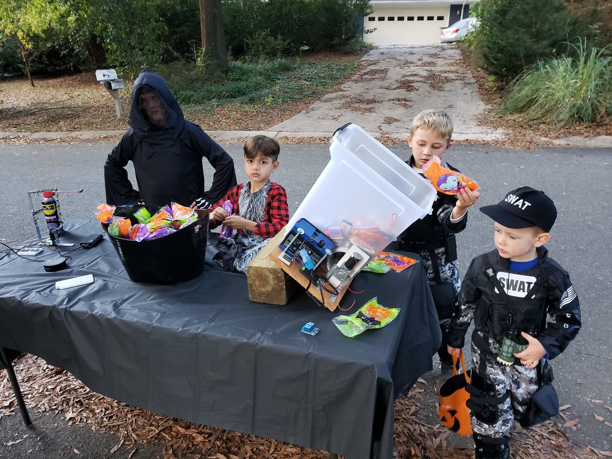 Another great #IoT Halloween!!  Made an @alexa99 controlled candy dispenser for the nice kids during COVID and an #Alexa controlled flame thrower for the naughty ones!