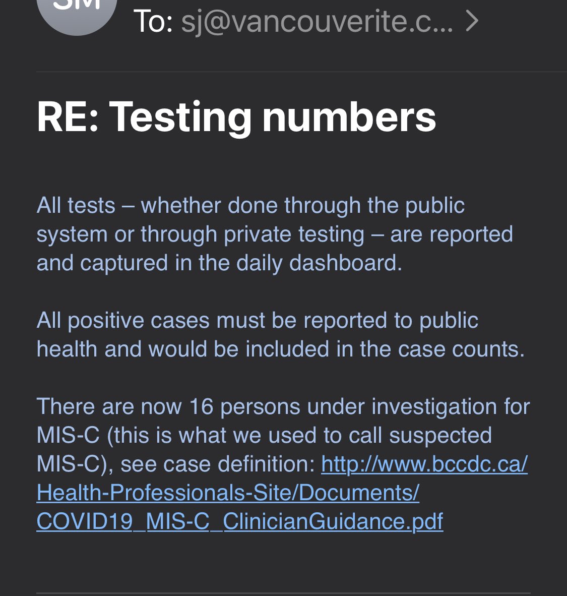 The way BC has misled citizens is adding thousands of private film testing carried out on asymptomatic crew. Same people tested over and over. This helps create a mirage of higher testing and lower positivity. Ministry of Health email 5/7