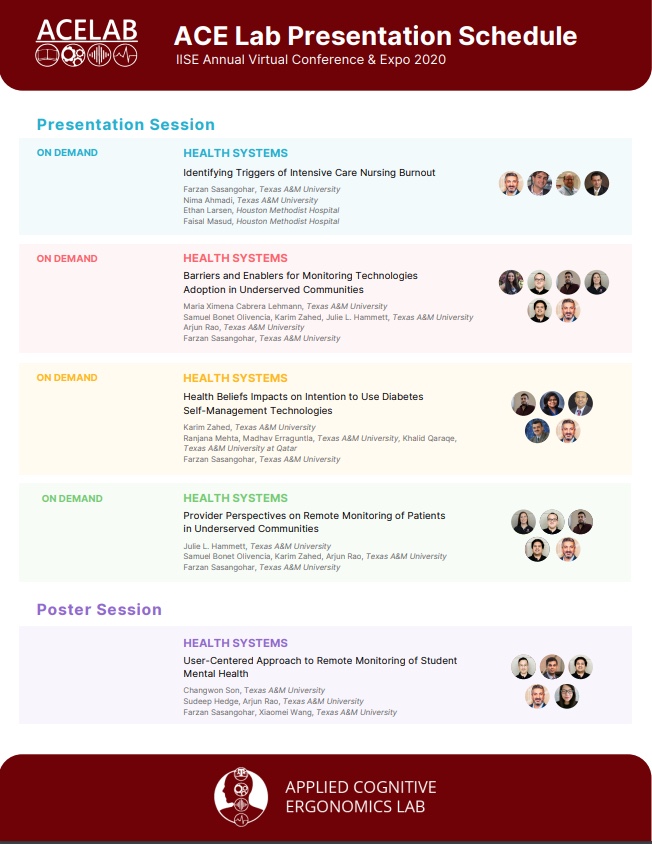 ACELAB_TAMU's tweet photo. @ACELAB_TAMU has 4 presentations and 1 poster at this year’s Institute of Industrial and Systems Engineering (IISE) Annual Research Conference. Check out the on demand recordings on the conference website. We appreciate your feedback! #IISE2020 #humanfactors #healthcareresearch https://t.co/RiLr3sr6mb