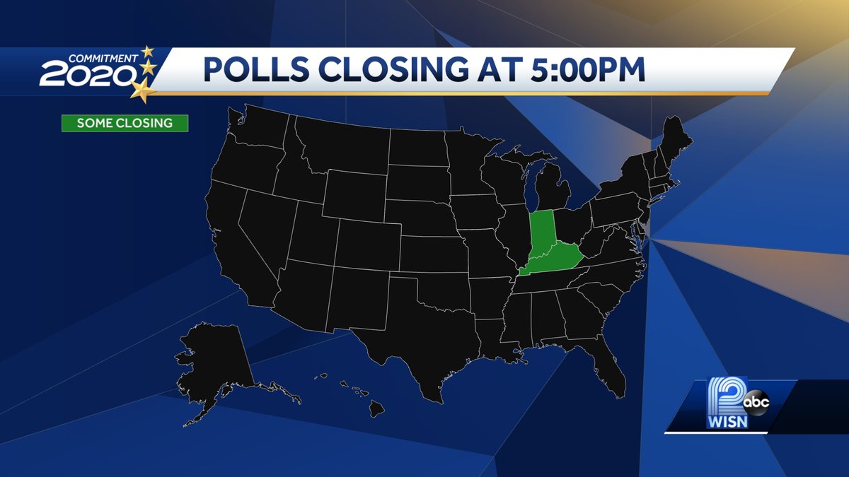 HalberstadtNews's tweet photo. Here we go! First polls start closing in #Indiana and #Kentucky in 5 minutes. Results start coming shortly after that. Networks won't project anything until all polls in a state close. We're live on @WISN12News #Commitment2020 #CentralTime https://t.co/RKJyJBnw8g