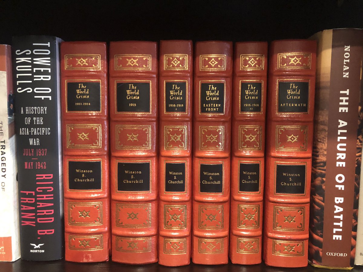 NickYetman's tweet photo. My wife got me Winston Churchill’s The World Crisis leather bound editions. Best wife ever! Yeah, I’m a Churchillian and a history nerd. He was Leader, Statesman, Grand Strategist, and my choice for the person in history I want to have drinks with. #allies @us_sams @wavellroom https://t.co/GNwvJiysma