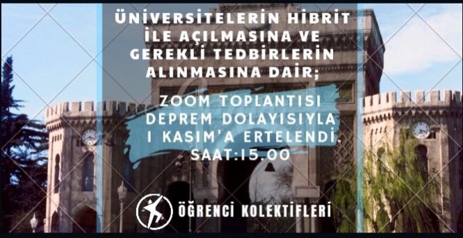 📣Üniversiteliler sorunlarını birlikte konuşacak, yan yana çözecek!

💻Üniversitelerin hibrit eğitimle açılmasına ve gerekli tedbirlerin alınmasına dair Zoom topantısında buluşuyoruz.
(Toplantımız İzmir'de yaşanan deprem nedeniyle ertelenmiştir)

📅 1 Kasım Pazar
🕒 15:00
💻 Zoom