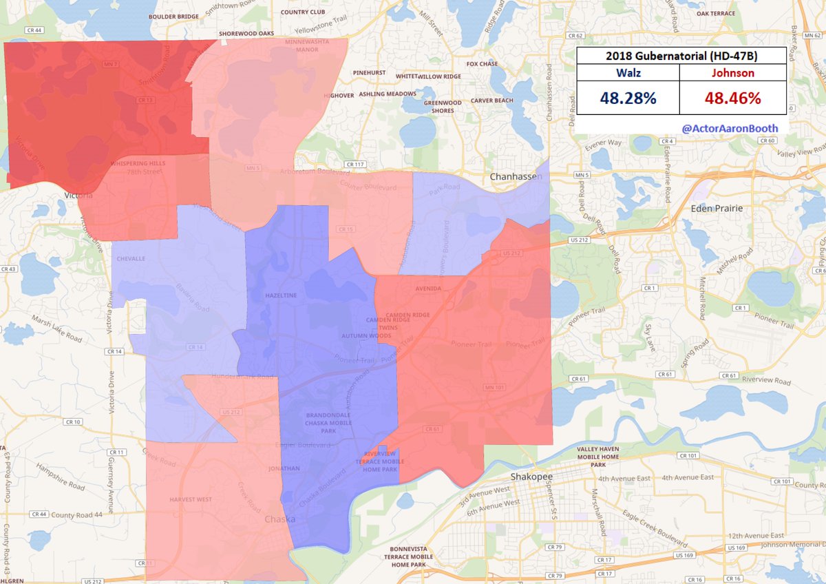 7.  #HD47BThis is one of the seats in the metro that narrowly eluded the DFL in the 2018 wave. This Carver County seat is the kind of affluent college educated white suburb where the DFL has potentially some further upside.