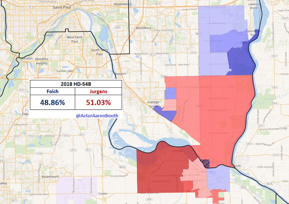9.  #HD54BAnother one of the House seats that eluded the DFL in 2018. A good chunk of this district is in Hastings which swung from Obama +2 to Trump +9 in 2016. Walz did win that city by 2 in 2018, though that was while winning statewide by low double digits.