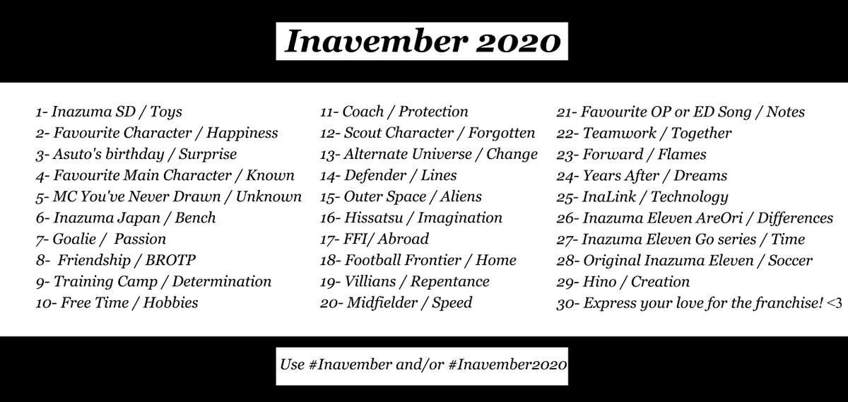 Moonimations's tweet photo. I tried; haven't seen any other list around so if anyone wants to try feel free to. You can pick one of the 2 daily prompts. Or combine 'em.
I'll try to do these myself~ If people actually use them I may make a separate twt acc for it, but I doubt tbh #Inavember #Inavember2020 https://t.co/FK3Q3v3QKx