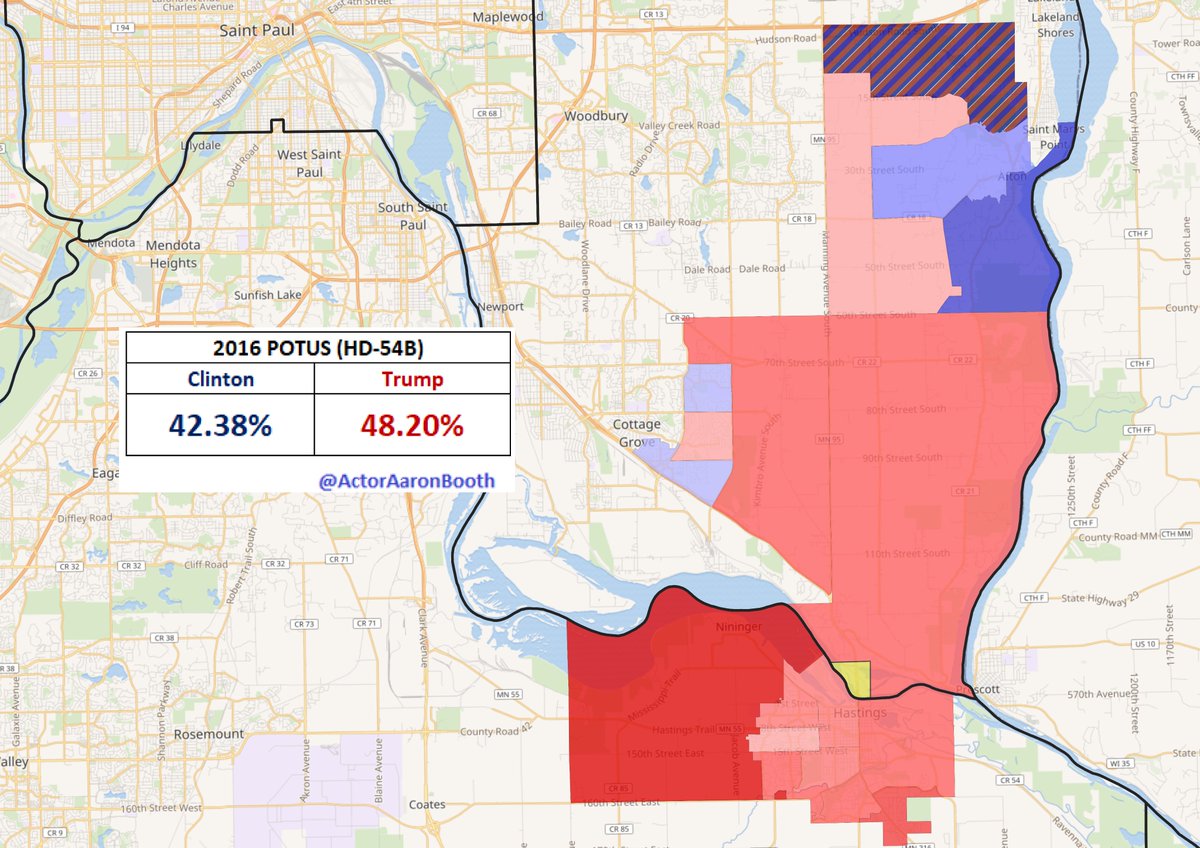 9.  #HD54BAnother one of the House seats that eluded the DFL in 2018. A good chunk of this district is in Hastings which swung from Obama +2 to Trump +9 in 2016. Walz did win that city by 2 in 2018, though that was while winning statewide by low double digits.