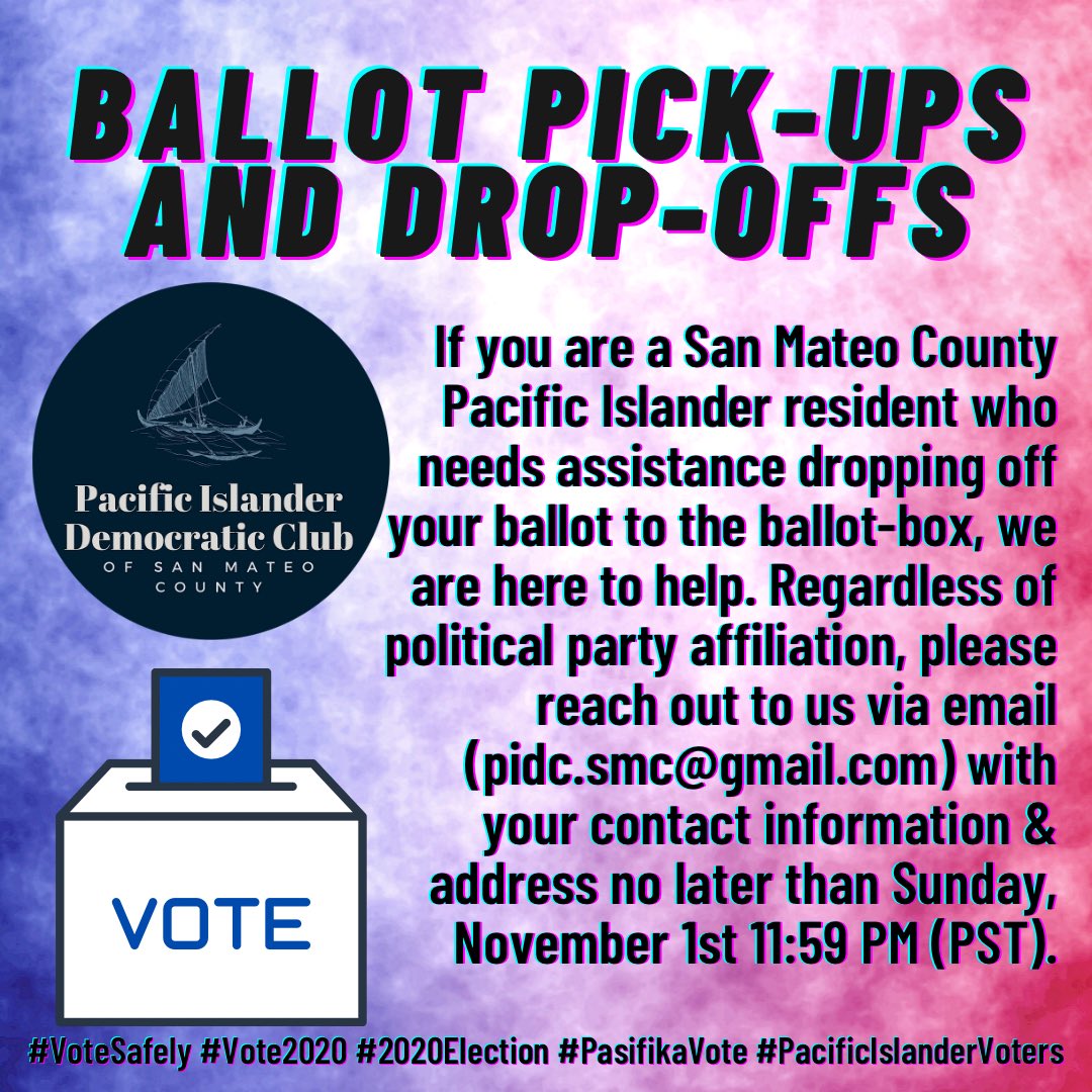 pidc_smc's tweet photo. 🗳BALLOT PICK-UPS &amp; DROP-OFFS🗳

If you are a San Mateo County Pacific Islander resident who needs assistance dropping off your ballot to the ballot-box, we are here to help. https://t.co/N2oW95FOcb