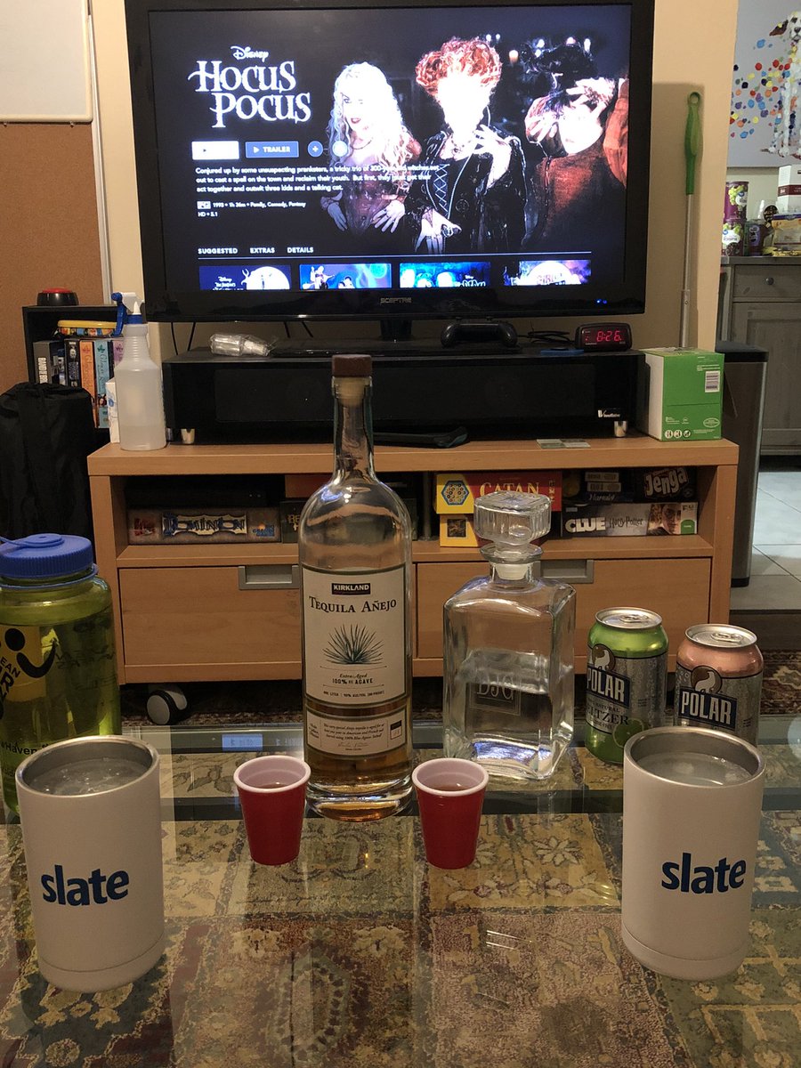bySaraMichelle's tweet photo. How you celebrate Halloween in the middle of a pandemic when you have no kids or trick or treaters. Wish us luck... #Halloween2020 #HocusPocusDrinkingGame https://t.co/tKevJQgKjp