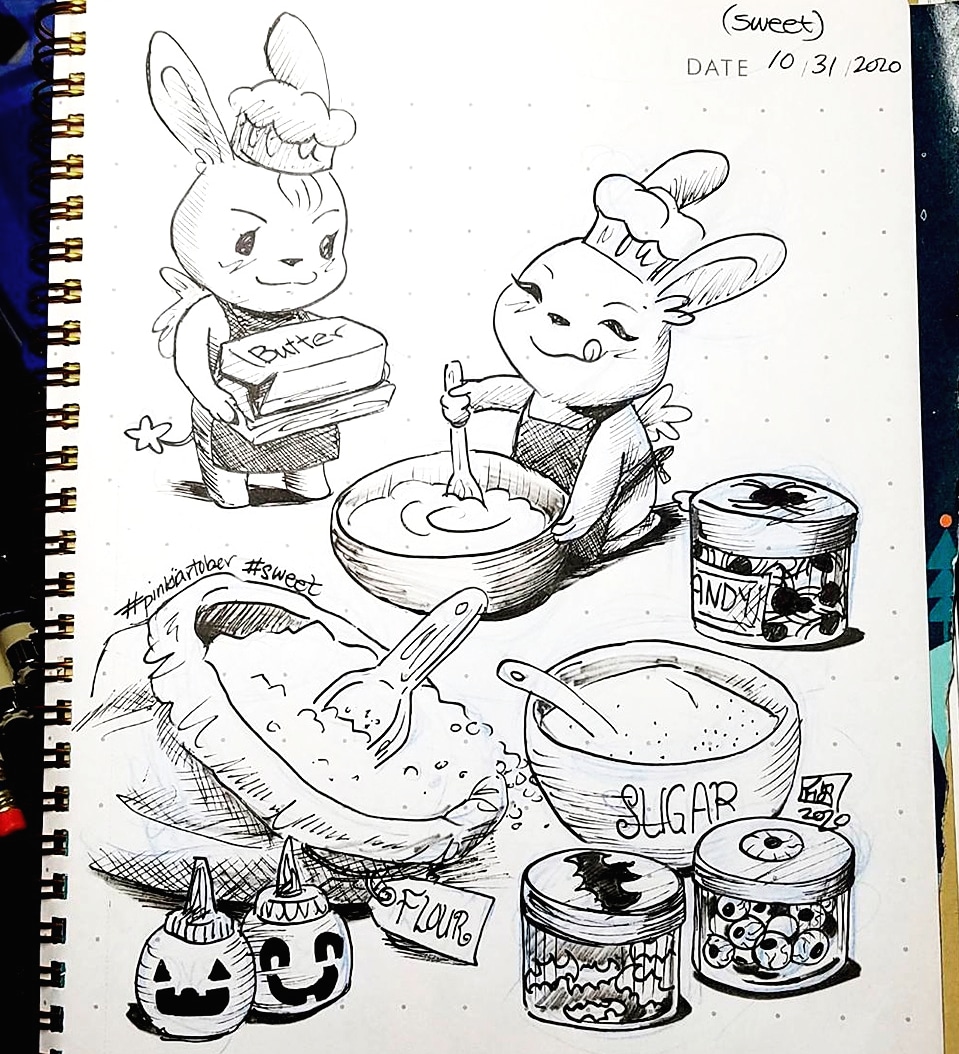 pinkiarts's tweet photo. Day 31 - Sweet. We gotta have our treats along with all our tricks!  🎵Sugar, Butter, Flour🎵 We know what's inside.😉😘  Happy Halloween! 👻
.
 This is the last prompt of Pinkiartober.
.
#pinkiartober #pinkiart #lennaxreina #sweet #treat #baking #candy #halloween #ink #bunnies https://t.co/2qF9GrV5Js