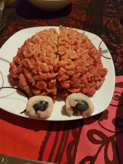 There you are. Sausage fingers, lychee eyeballs and spaetzle brain (with added eyeballs for the picture<a href="/tag/mytwitteranniversary"class="tags"><span>#mytwitteranniversary</span></a>