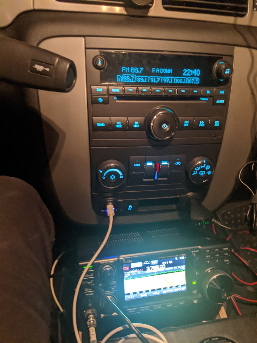 de_w8tam's tweet photo. Got the IC-7300 mocked up in the new POTA Pursuit 
Vehicle this evening, thanks to my friend who helped fabricate the bracket. Need to clean it up a bit and get everything bolted down, then onto some POTA action this week! #hamradio #mobilehf #scorpionantenna #ic7300 https://t.co/qI5qt4XSnl