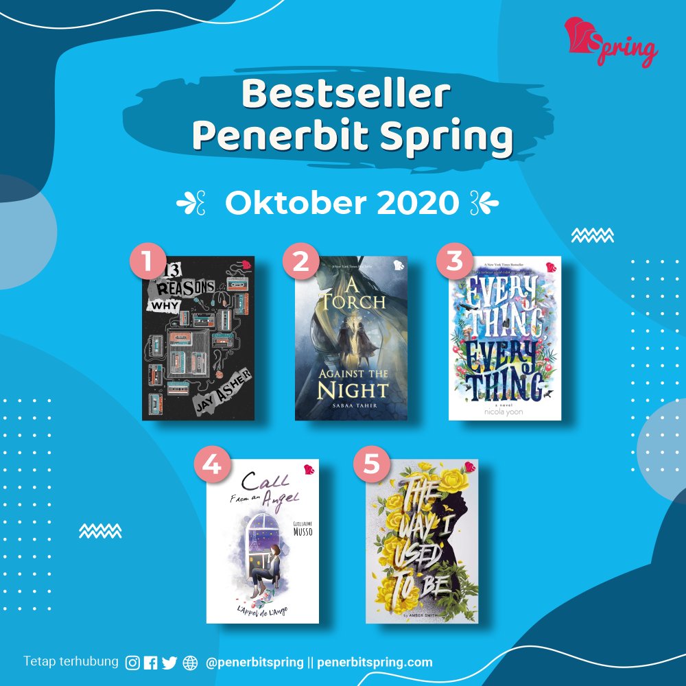 penerbitspring's tweet image. Hai.... be#rikut Paus berikan 5 novel bestseller di bulan Oktober. Novel mana yang jadi favoritmu? 

#penerbitspring 
#myspringstory 
#Bestseller