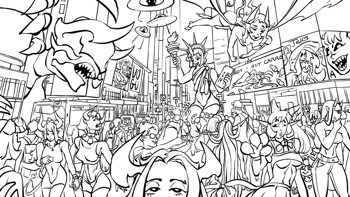 #Monstober Day 31 FINAL - Monsters and Humans. It's done. I'm done. There's about 16 references to other day's works in this and a smol me. Answer Sheet in the reply :^) #Monstober2020 #Inktober 