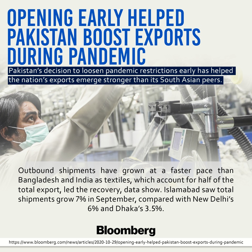 MoIB_Official's tweet image. Pakistan&apos;s Export Growth Recovers Fastest in South Asia

Pakistan&apos;s decision to ease lockdown restrictions has helped the nation&apos;s exports emerge stronger than its South Asian peers.

Read here: bloomberg.com/news/articles/…

#PakistanMakingProgress