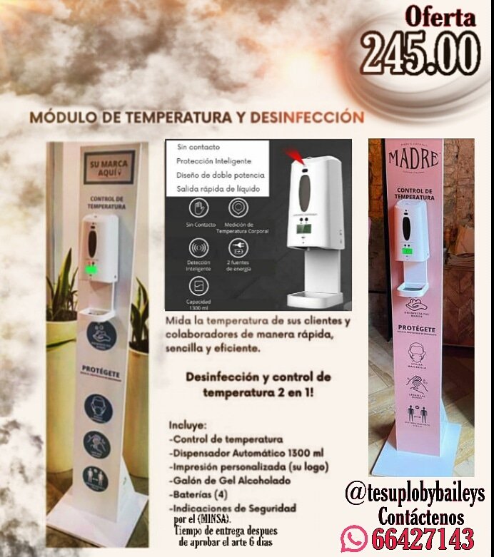 para clientes con buen gusto que les interesa la estética de su local tenemos este pedestal personalizado, logo e indicasiones sanitarias mas el dispensador 2 in 1 termometro y dispensador de alcohol gel con resumidero Gratis 1Galón de gel contacteme 66427143 @tesuplobybaileys.