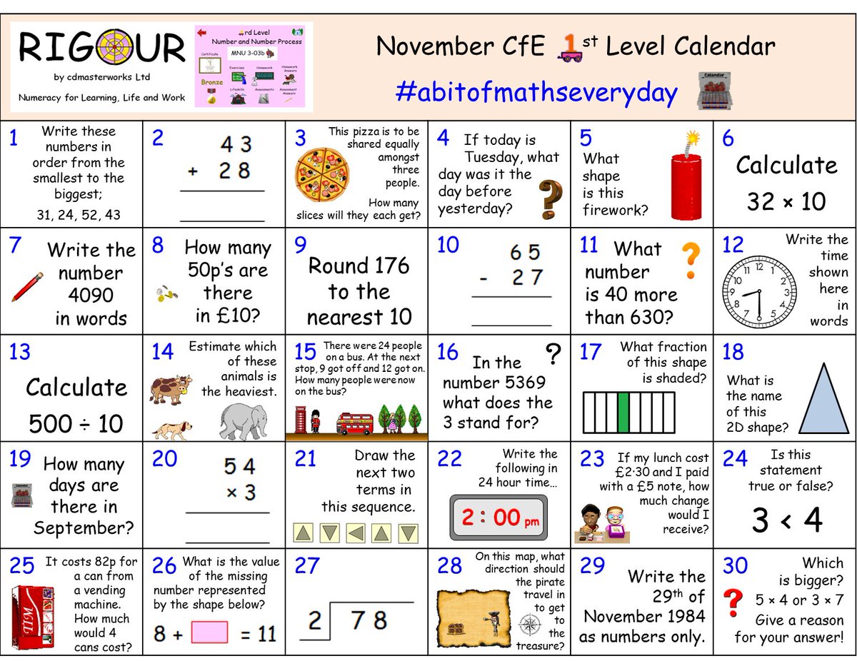 RigourMaths's tweet photo. **CALLING ALL BGE Pupils** Do you want to consolidate your CfE 1st Level Numeracy/Maths skills this month? If so, try our November Calendar! Download this calendar &amp; view the answers here; https://t.co/rAO0acF5KX #abitofmathseveryday #littleandoften 🥉🥈🥇📅 https://t.co/lFtYVDGkS6