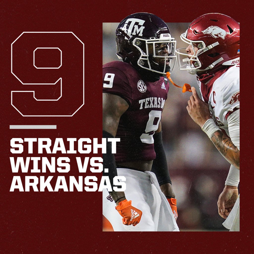 SECNetwork's tweet photo. Nine straight over the Hogs for @aggiefootball 💪 https://t.co/xXFoxjhP8m