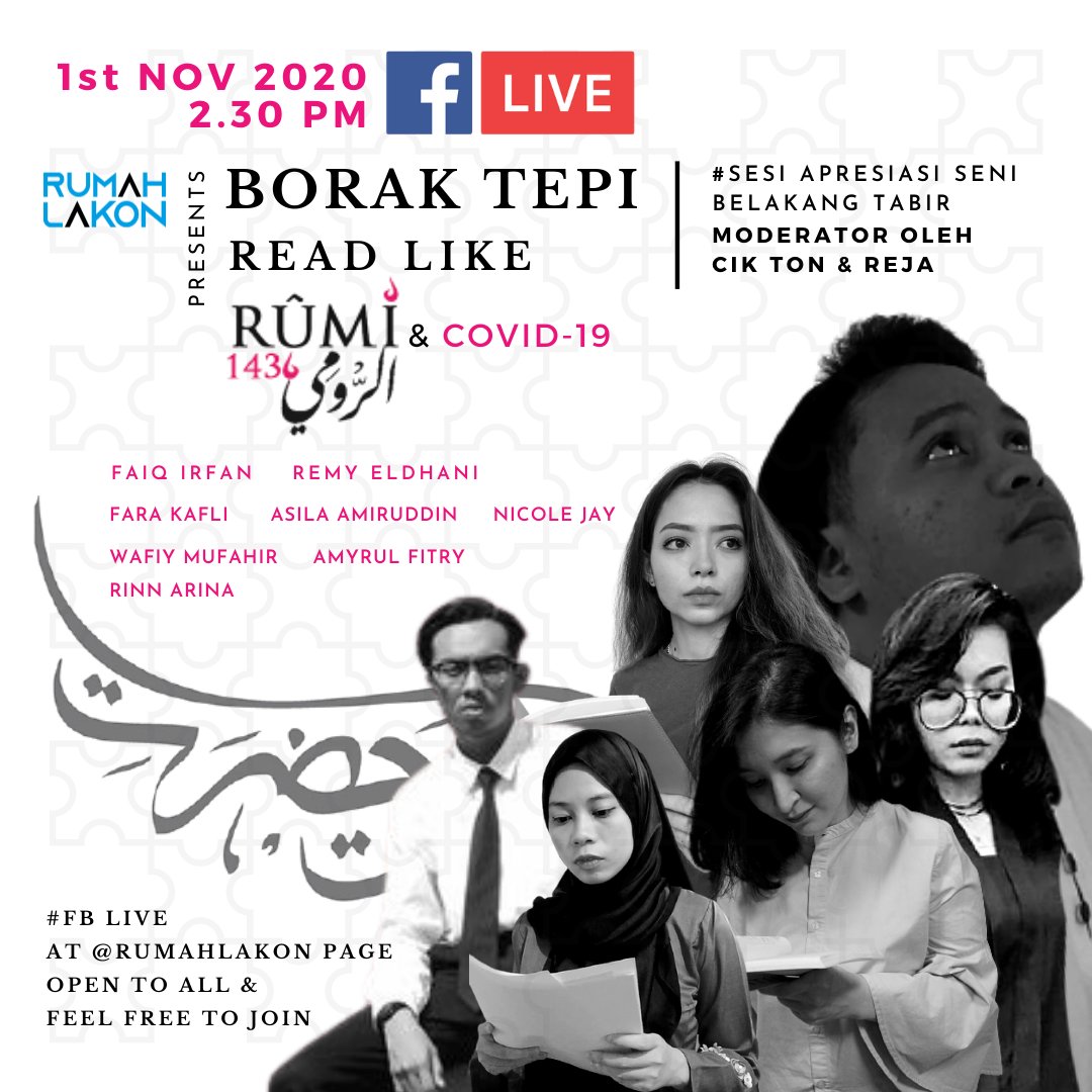rumahlakon's tweet photo. Tak tau nak buat apa petang ahad ni guys? Jom join FBLive #BORAKTEPI 'READ LIKE RUMI' | 2.30 pm
@JiehaTarmiji @itsseketika @hairecheros @mysenibudaya @mizashrl @MalaysianCritic https://t.co/JIjD7cPJ0d