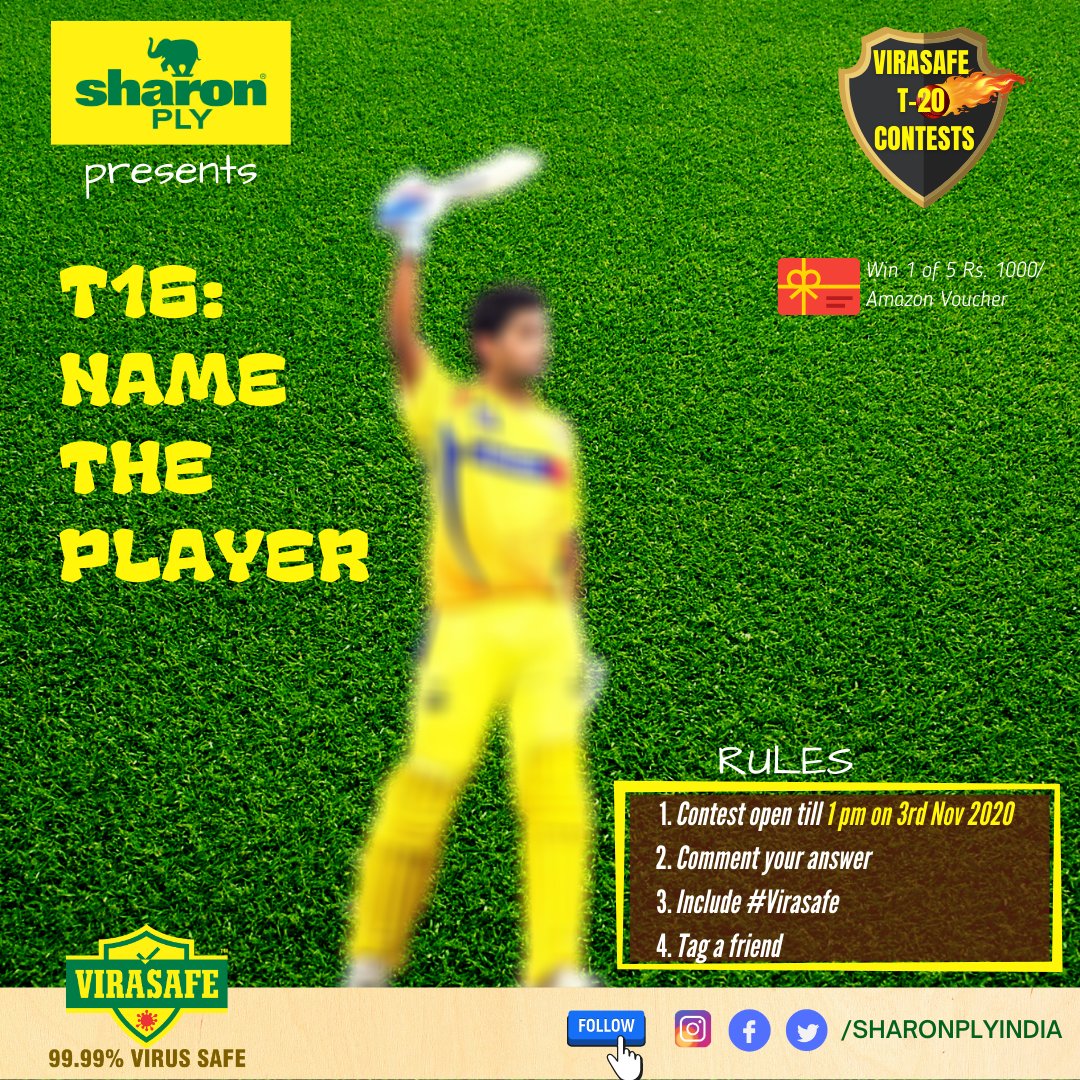 VIRASAFE T20 contest #T16
Lucky 5 will each win Rs 1000 Amazon voucher

Rules: 
1.Name the player (Most 6s in an innings by Indian in T20 league)
2.Add #VIRASAFE and tag a friend
3.Contest open till 1 pm on 03 Nov 2020

<a href="/india4contests/">india contest</a>

 #ContestAlert