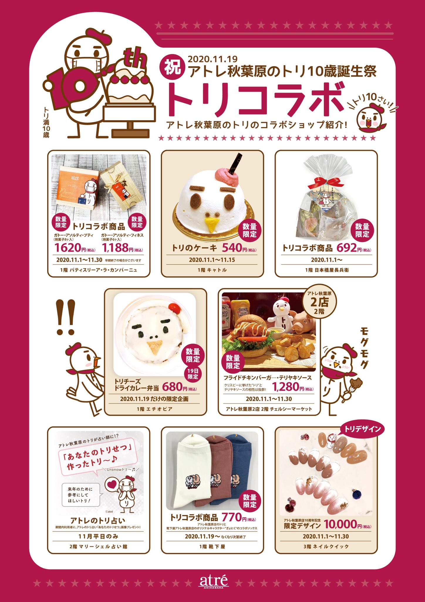 アトレ秋葉原のトリ 10周年祭企画 トリコラボ商品 10周年限定商品 各ショップではトリコラボ商品や10周年限定商品を展開し 10周年を盛大にお祝いしているトリ 8 さらに対象商品をご利用で先着2 000名にトリ缶バッジ4種をランダムで