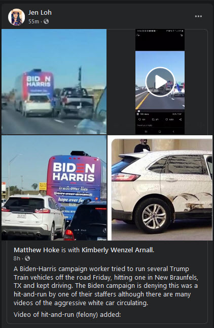 Predictable that Jen Loh will try to spin blame for this collision on the Biden staffer, even though video footage shows how aggressively the Trump Train was stalking the Biden bus, after Jen arranged for them to intercept.