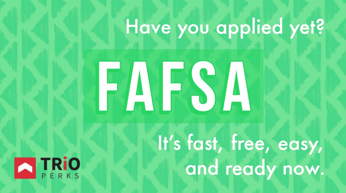 TRiOPerks's tweet image. Have you applied yet?
FREE #FAFSA images to use. Promote FAFSA applications for your #TRIOprograms students. 👉 buff.ly/2TJ3fyi

#TRIOworks