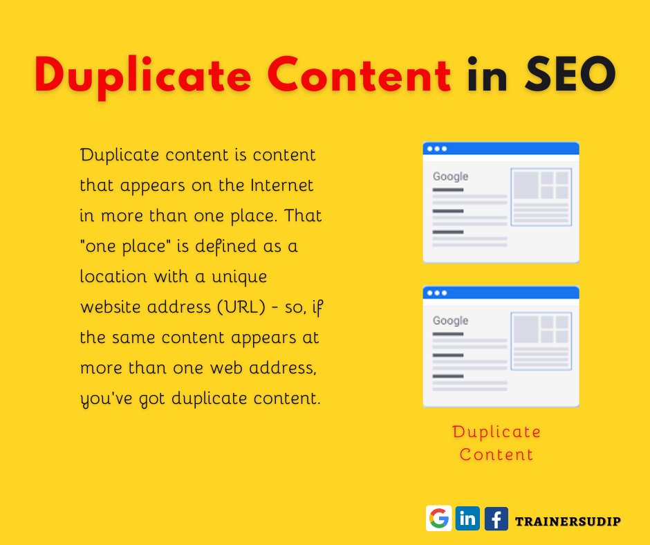 trainersudip's tweet image. Duplicate content is content that appears on the Internet in more than one place. That “one place” is defined as a location with a unique website address - so, if it appears at more than one web address, you&apos;ve got duplicate content.

#Content #Duplicatecontent #Copycontent