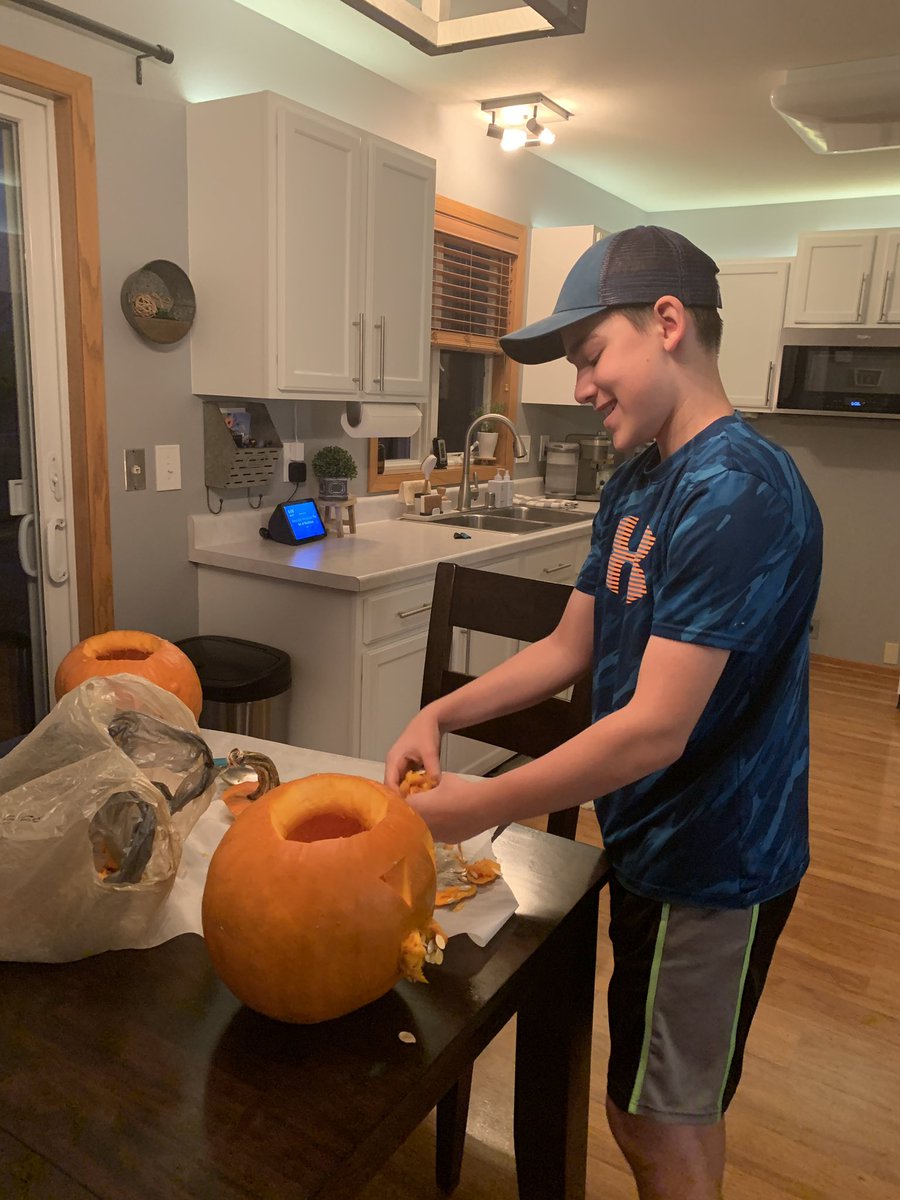 AngieGrogan's tweet photo. Hope you all had a fun Halloween! Brady thinks he’s too old to trick or treat, but he was still into carving pumpkins and I have to say it’s fun getting to watch scary movies with him. #halloween #theshining https://t.co/VgZGEdbYhu