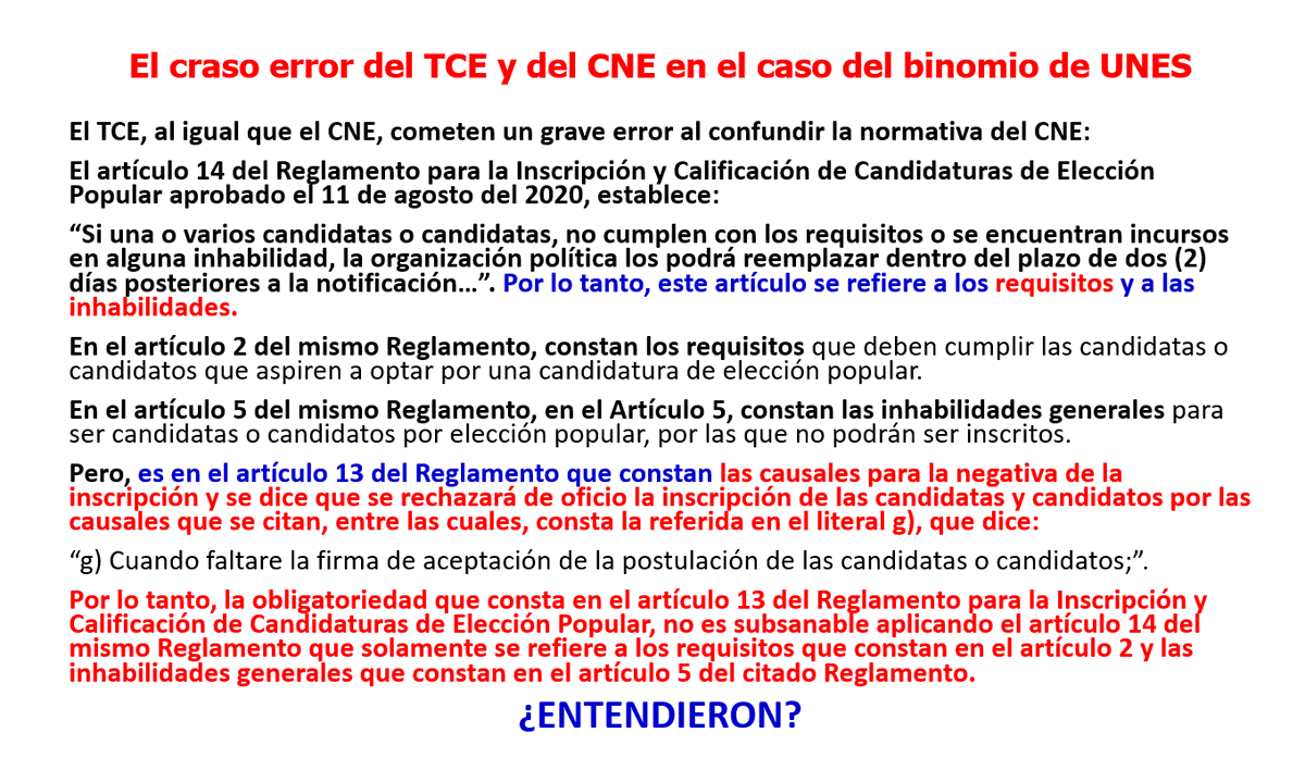 augustotandazo's tweet photo. EL ERROR CRASO Y MONUMENTAL DEL TCE Y DEL CNE, EN EL CASO DE LA CALIFICACIÓN DEL BINOMIO DE UNES. ESTO NO LO LOGRARON ENTENDER LOS QUE PRESENTARON RECURSOS CONTRA LA CALIFICACIÓN DE ESA CANDIDATURA. NO HAY MÁS REMEDIO QUE HACER CLIK PARA VER MEJOR. https://t.co/SsymUIKK2q