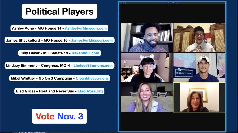 J_Shackelford's tweet photo. Had a blast playing #AmongUs with @BigElad @Ashley4MO @LynzforCongress @Baker4MO &amp; @MikelWhittier whilst talking Missouri politics! 

Please vote by Nov. 3rd! And remember, #NOon3 #Vote #ShowMeVotes https://t.co/YGipaPNC3E