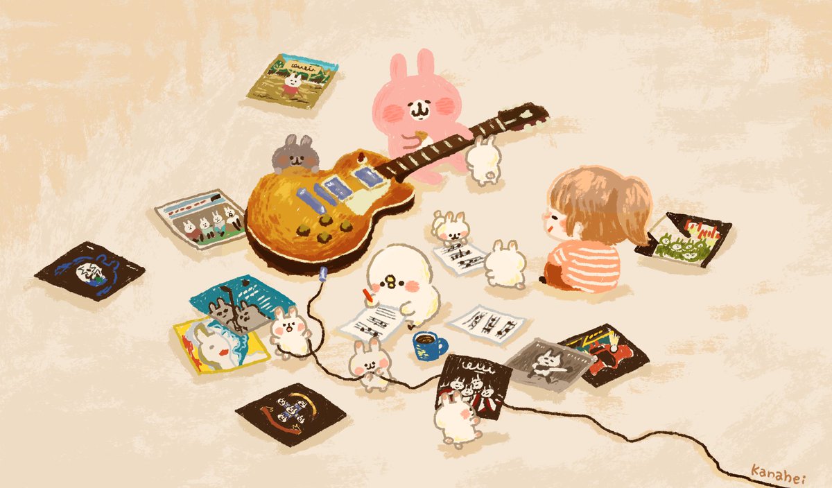 guitar instrument 1girl brown hair striped shirt shirt rabbit  illustration images