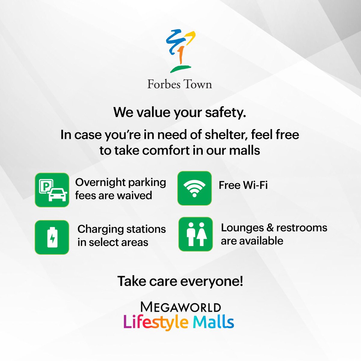 forbestown_'s tweet photo. (1/2) We value your safety. 

In case you’re stranded or in need of shelter from the rains and flooding, feel free to take comfort in our malls and use our lounges, restrooms, phone charging stations and Wi-Fi to connect with your loved ones. https://t.co/s9AAJFVTmg
