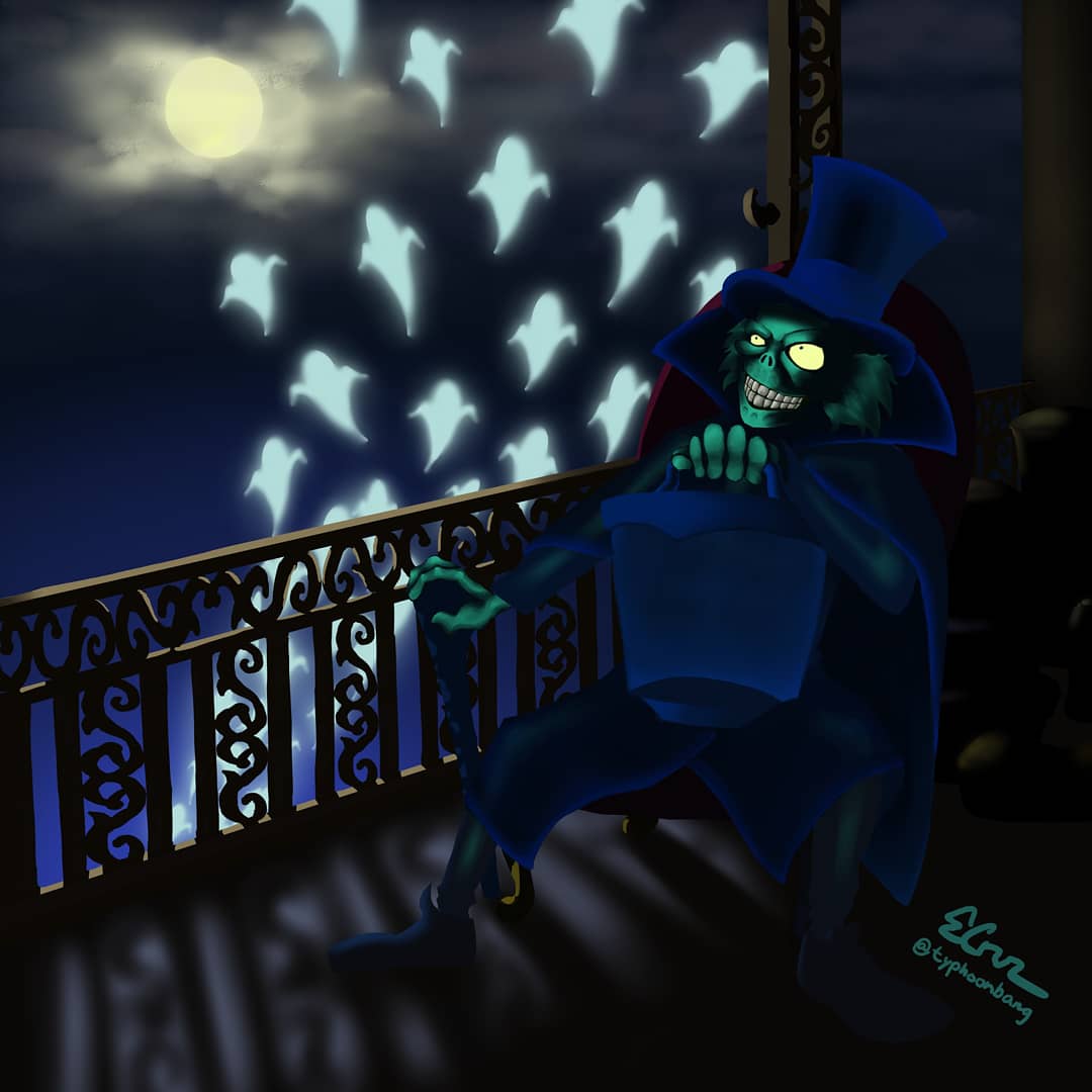 TyphoonBang's tweet photo. Disneyland isn't open yet, but at least the Hatbox Ghost has some time to relax. Happy Halloween, everyone! #disneyland #hauntedmansion #hatboxghost #halloween https://t.co/pgbtl3aM3M