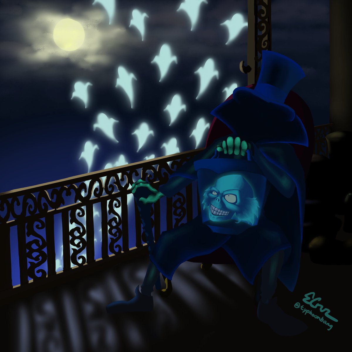 TyphoonBang's tweet photo. Disneyland isn't open yet, but at least the Hatbox Ghost has some time to relax. Happy Halloween, everyone! #disneyland #hauntedmansion #hatboxghost #halloween https://t.co/pgbtl3aM3M