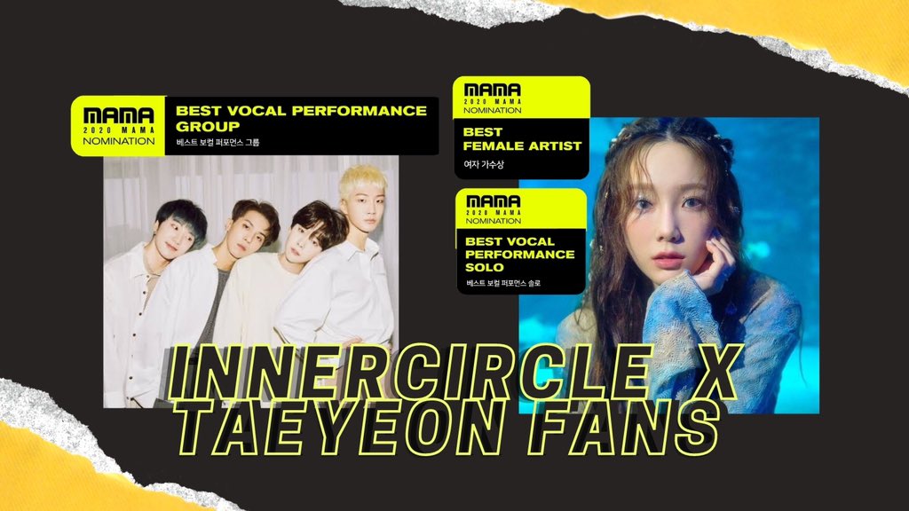 WINNER  TAEYEON INNERCIRCLE will vote TAEYEON for ‘Best Female Artist and Best Vocal Performance Solo’ Taeyeon Fans will vote WINNER for 'Best Vocal Performance Group'  #MAMAVOTE  #winner  @yginnercircle  @WVOTINGTEAM  @YG_WINNER  @309KTYSS  @GirlsGeneration