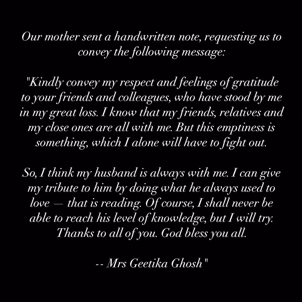 Aditya Ghosh Maa S Note A Message From Our Mother She Is 81 And Even At This Age And Even At This Time Of Grief She Like
