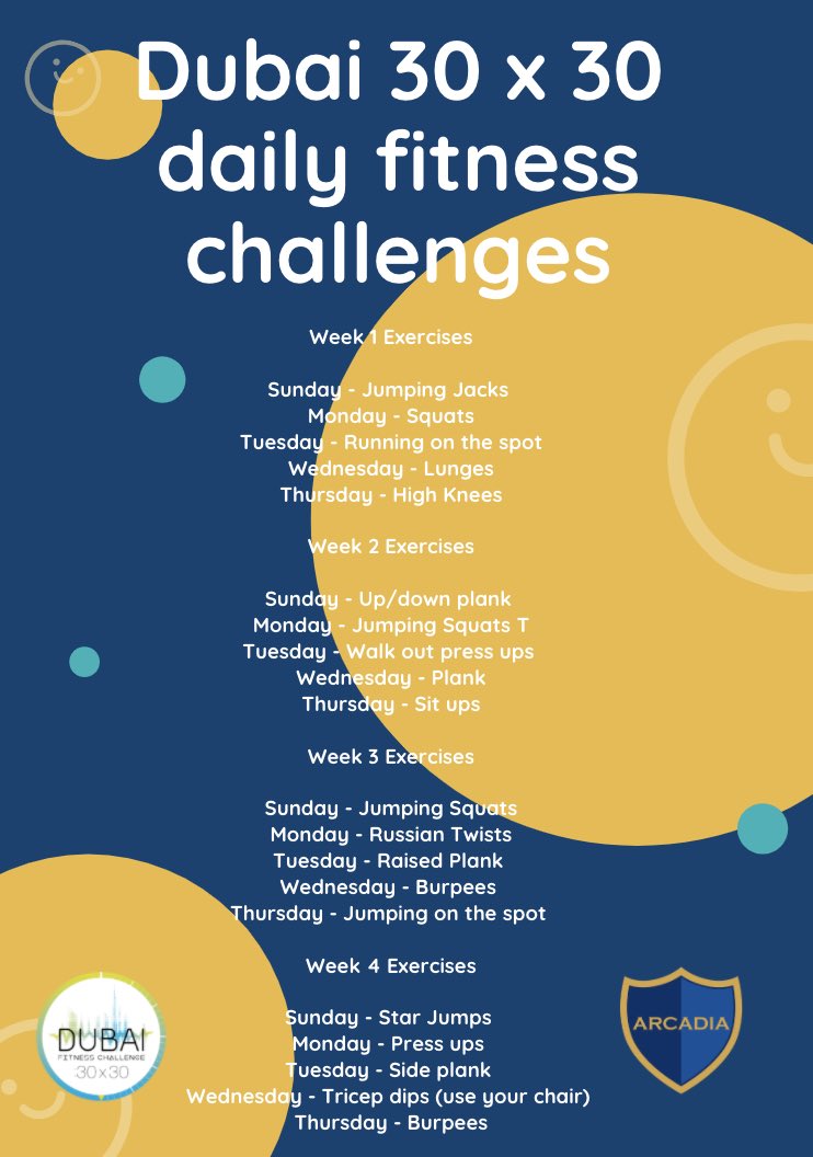 PruettGiles's tweet photo. Great start to the Dubai 30 x 30 with a school assembly setting out the daily challenges and activities. Here is just a taste. Come on Arcadians drop everything and exercise! #arcadiaschool #dubai30x30 #lifelonglearning #khda https://t.co/PASuUJqbUF