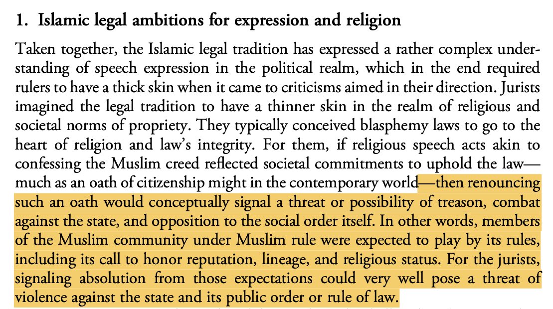 2) The “context” or purpose behind the classical lawsDuring the times when these laws were formulated, blasphemy was tantamount to posing “...a threat of violence against the state and its public order or rule of law”.The three schools of Sunni Islam “declined to hold even...