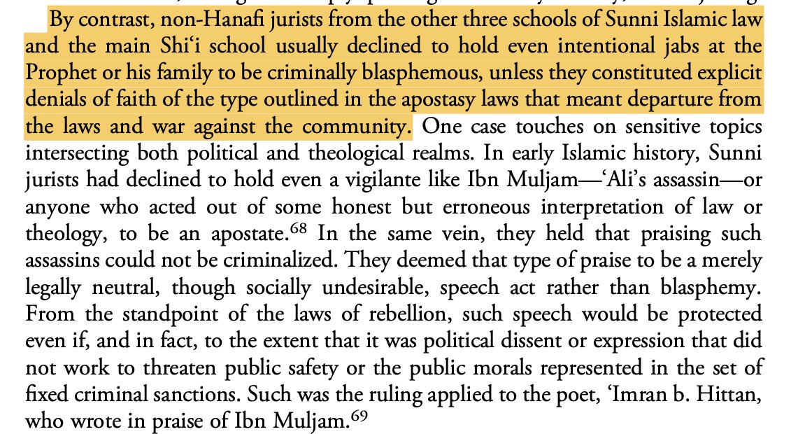 intentional jabs at the Prophet or his family to be criminally blasphemous...” and that they should only be considered as such when it “...meant departure from the laws and war against the community.”