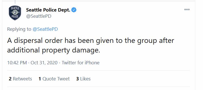 ArielScan4BLM's tweet photo. [SPD Twitter at 10:42]

A dispersal order has been given to the group after additional property damage.

#SeaScanner #SeattleProtestComms #SeattleScanner https://t.co/od4SUy8Hbw