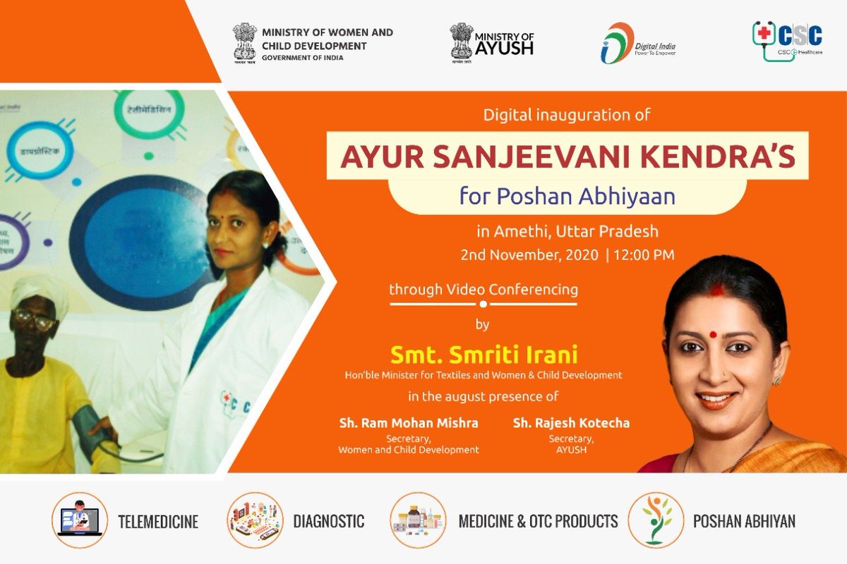 Hon'ble Minister for Textile and Women &amp; Child Development Smt. Smriti Irani will inaugurate CSC Ayur Sanjeevani Kendra in Amethi on November 02, 2020 through Video conferencing. 

Programme will begin at 11:30 AM tomorrow.

#CSCayursanjeevanikendra