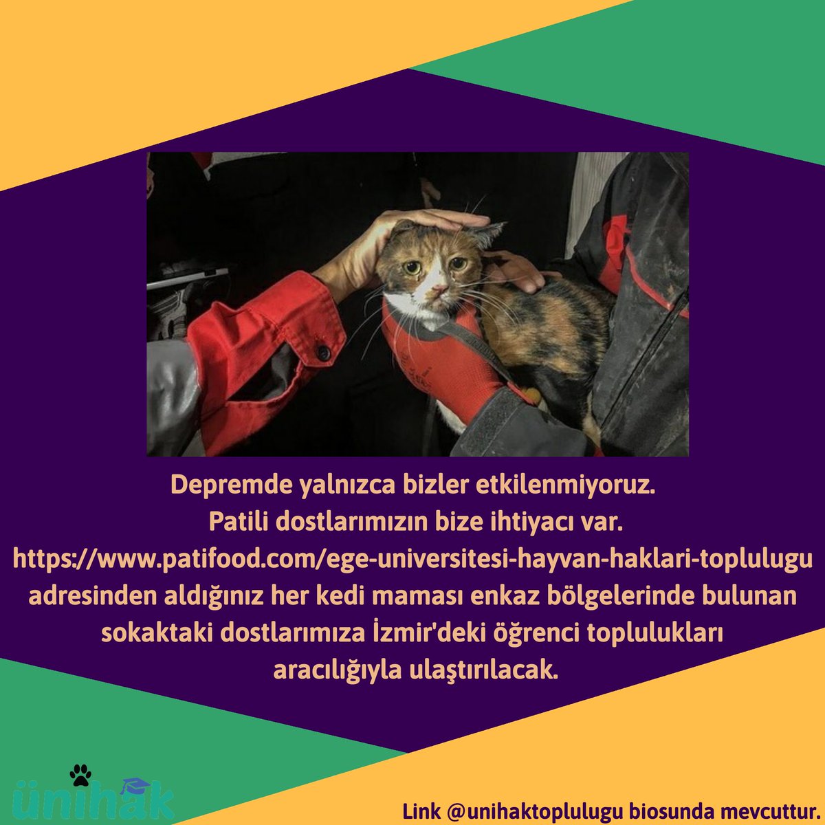 Depremde yalnızca bizler etkilenmiyoruz.
Patili dostlarımızın bize ihtiyacı var. patifood.com/ege-universite… adresinden aldığınız her kedi maması enkaz bölgelerinde bulunan sokaktaki dostlarımıza İzmirdeki öğrenci toplulukları aracılığıyla ulaştırılacaktır. #izmirdeprem #izmir