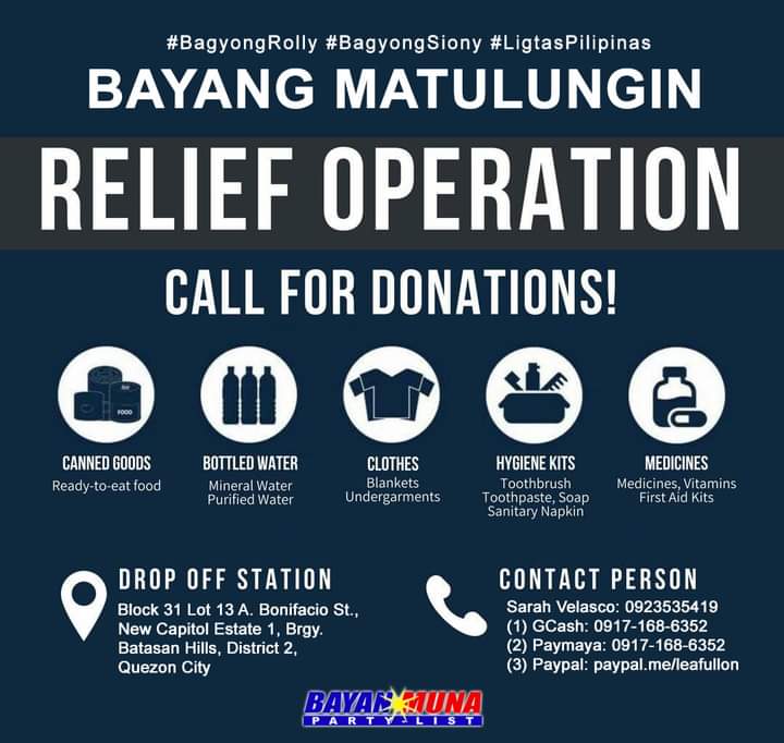 BayanMuna's tweet photo. #RollyPH #SionyPH

Ang Bayang Matulungin ay nananawagan ng tulong at donasyon para makatulong sa mga biktimang nasalanta ng Bagyong Rolly at paghahanda rin sa isa pang bagyong paparating na si Siony.

#LigtasPilipinas
#BagyongRolly
#BagyongSiony 
#BayanMunaBagoAngSarili https://t.co/tNk7zAHGPo
