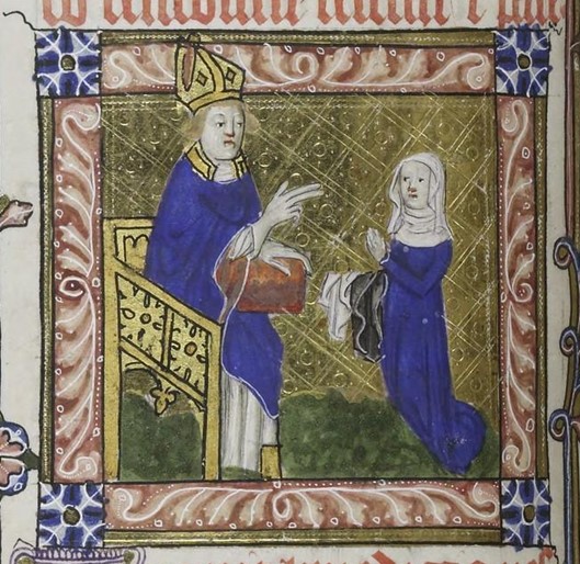 This was a symbolic act for herself as much as the town. The bishop's registers at Winchester record that she then took a vow of formal chastity, becoming a vowess. [Image from Cambridge, Corpus Christi College, Parker Library MS 49, early c15th]