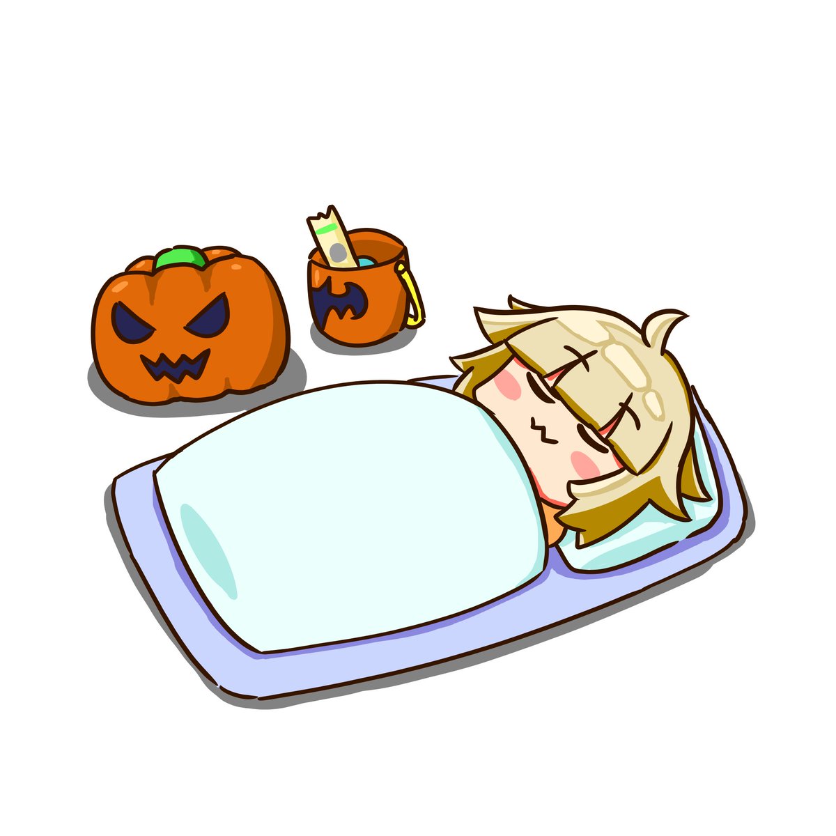 1girl jack-o'-lantern solo closed eyes under covers blonde hair sleeping  illustration images