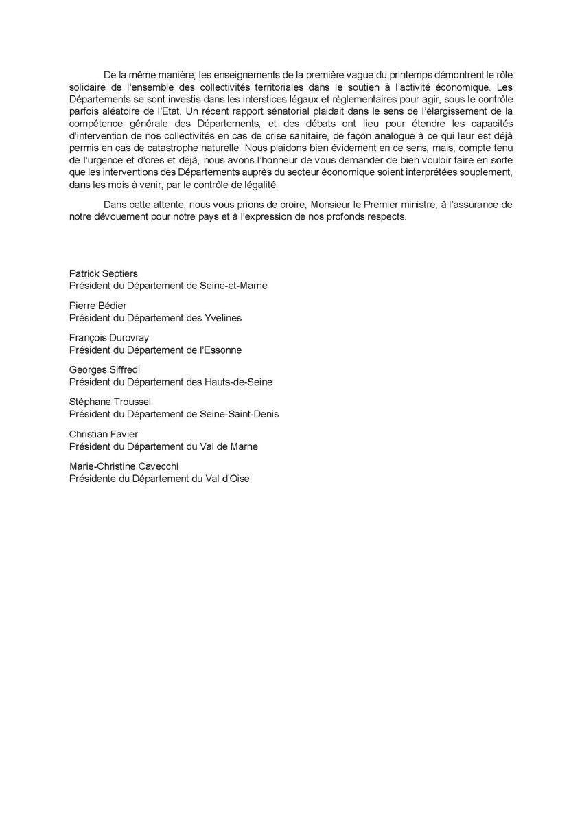 🔴 Avec l'ensemble des Présidents des Départements de l'Île-de-France, nous demandons ce jour au Premier ministre <a href="/JeanCASTEX/">Jean Castex</a> de permettre aux Préfets de rouvrir les commerces de proximité qui respectent les mesures sanitaires. ⤵️

#Commerces #Confinement #COVID19